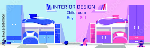 Interior design of child room for baby boy and baby girl. Children bedroom in comparison. Vector template for web site, banner, flyer, poster. Illustration for magazine.