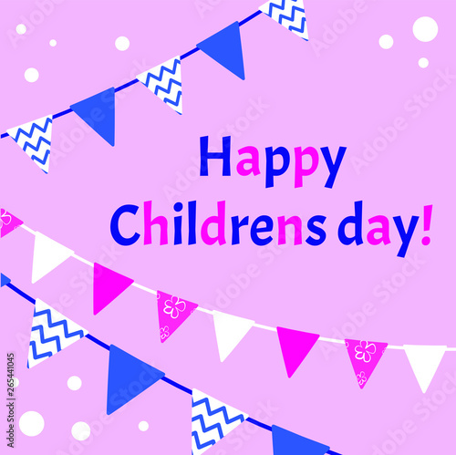 Cute gently childrens day poster flyer template. Kids day illustration with flags, garland in boy and girl pink and blue colors.