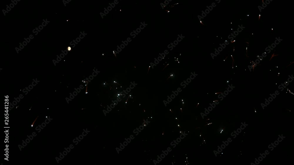 Dazzling fireworks are radiating the night skyline