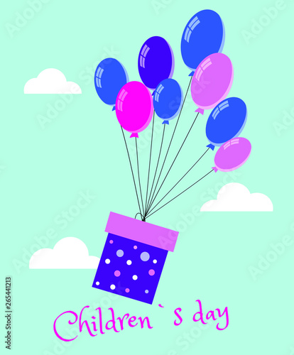 Vector card for international childrens day with gift box flying in the sky with balloons. Follow your dream illustration.