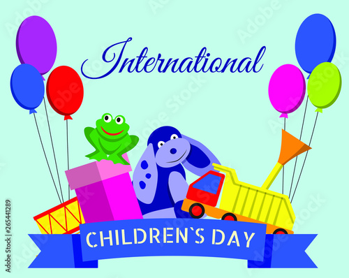 Vector colorful card template for web site for international childrens day with toys, presents, balloons for kids celebration. 