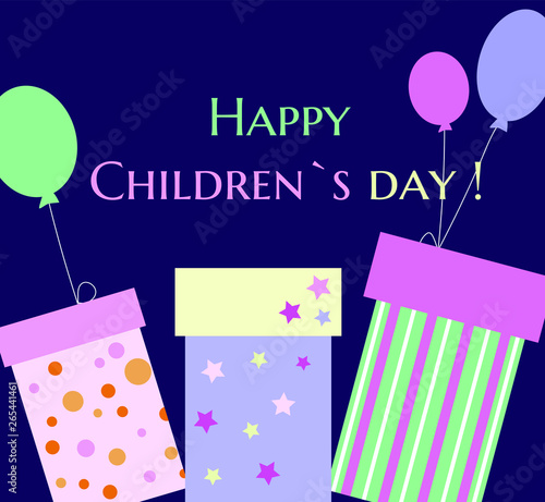 Childrens day poster flyer card invitation with presents and balloon in gently colors for happy celebration. Vector template for web site.
