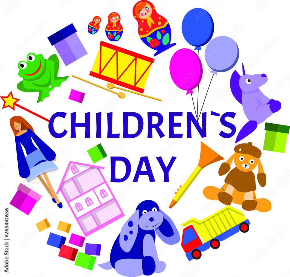 Fototapeta premium Childrens day vector logo illustration with lots of toys for kids and baby.