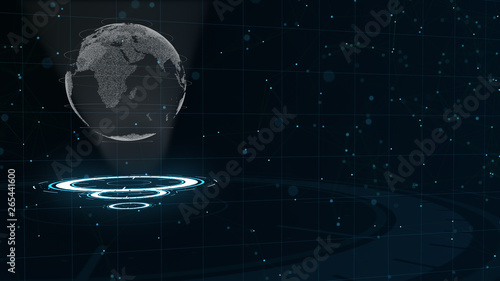 Digital data globe - abstract illustration of a scientific technology. Data network. Surrounding planet earth on three looping circles. 3D. Close up. copy space.