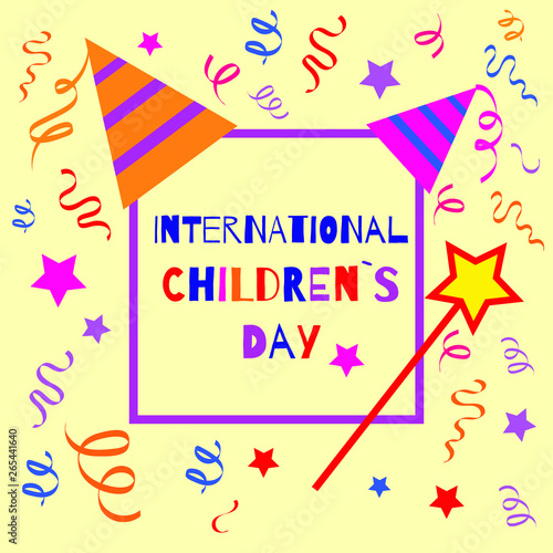 Childrens day vector template with confetti, magic stick and hat. 