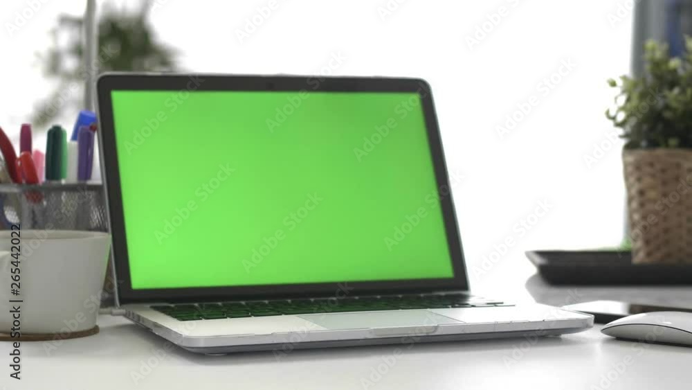 Woman working at home on with laptop green screen Woman working at home on with laptop green screen