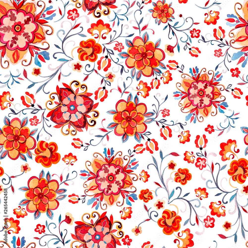 Obraz premium Bright watercolor seamless pattern with decorative flowers.