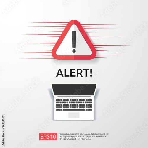 attention warning attacker alert sign with exclamation mark on computer monitor screen. beware alertness of internet danger symbol icon. Security VPN protection Concept. vector illustration..