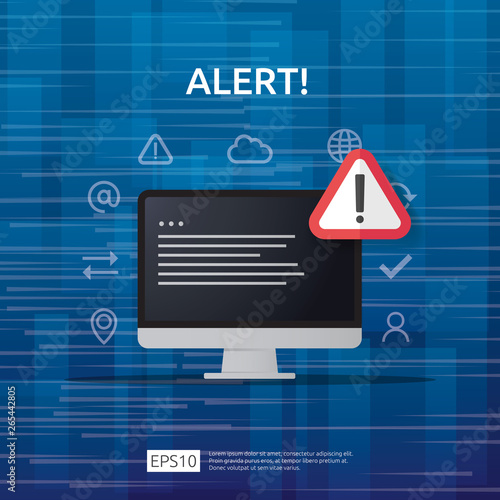 attention warning attacker alert sign with exclamation mark on computer monitor screen. beware alertness of internet danger symbol icon. Security VPN protection Concept. vector illustration..