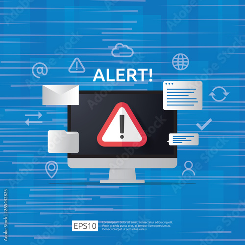 attention warning attacker alert sign with exclamation mark on computer monitor screen. beware alertness of internet danger symbol icon. Security VPN protection Concept. vector illustration..