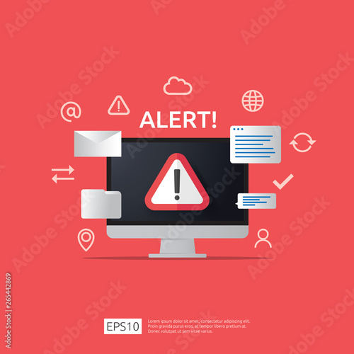 attention warning attacker alert sign with exclamation mark on computer monitor screen. beware alertness of internet danger symbol icon. Security VPN protection Concept. vector illustration..
