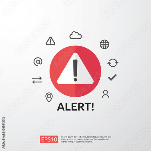 attention warning attacker alert sign with exclamation mark. beware alertness of internet danger symbol. shield line icon for VPN. Technology cyber security protection concept. vector illustration
