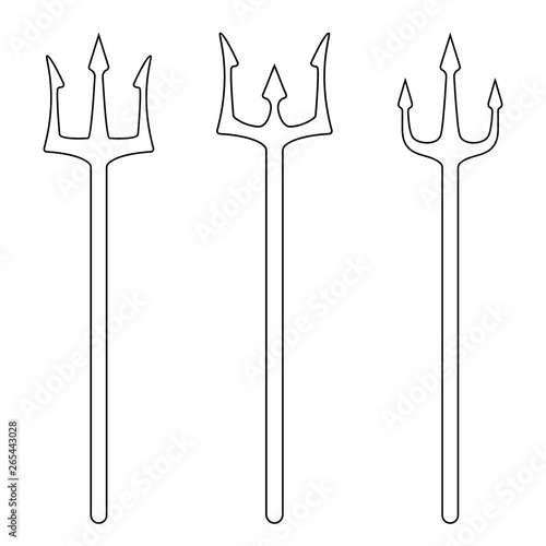 Set of outline tridents isolated on white background. Devil, neptune trident. Line style. Clean and modern vector illustration for design, web.