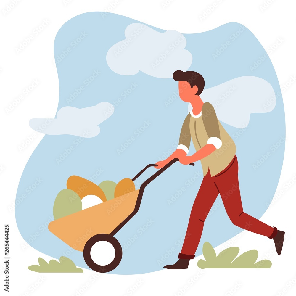 Man farmer with vegetable harvest in wheelbarrow farming and gardening Man farmer with vegetable harvest in wheelbarrow farming and gardening