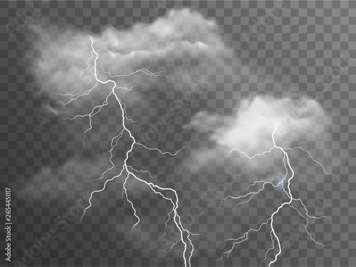 Vector realistic stormy clouds with lightning effects isolated on dark background photo