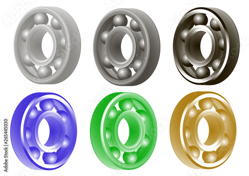 Set of multi-colored bearings for vehicles. Color and monochrome image of ball bearings on a white background.