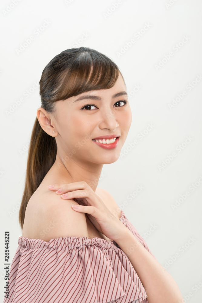 closeup young smiling woman face isolated on white closeup young smiling woman face isolated on white
