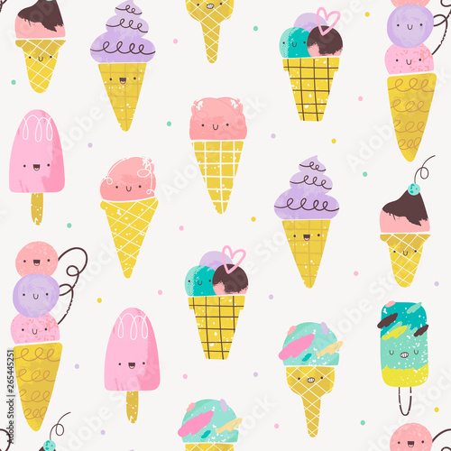 Various kawaii tasty ice cream. Different face emotions. Hand drawn vector seamless pattern. Watercolor style. Stamp texture. Colored trendy illustration. Flat design