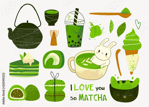 Various matcha tea products. Matcha powder, mochi, macarons, tea pot, bamboo spoon, tea leaves, bubble tea. Hand drawn vector set. Colored trendy illustration. Flat design. All elements are isolated