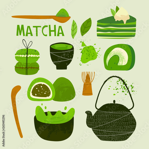 Various matcha tea products. Matcha powder, mochi, macarons, tea pot, bamboo spoon, tea leaves. Hand drawn vector set. Colored trendy illustration. Flat design. All elements are isolated