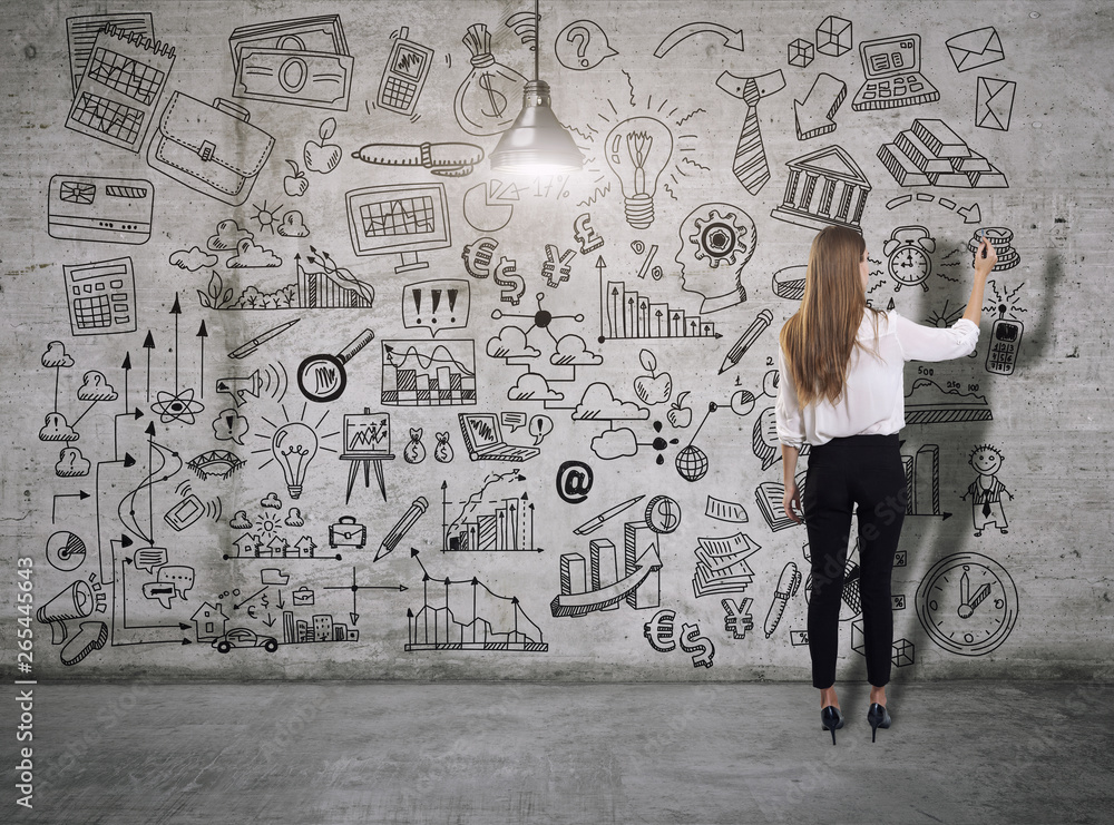 Young woman drawing a business sketch. 3d render elements in collage Young woman drawing a business sketch. 3d render elements in collage