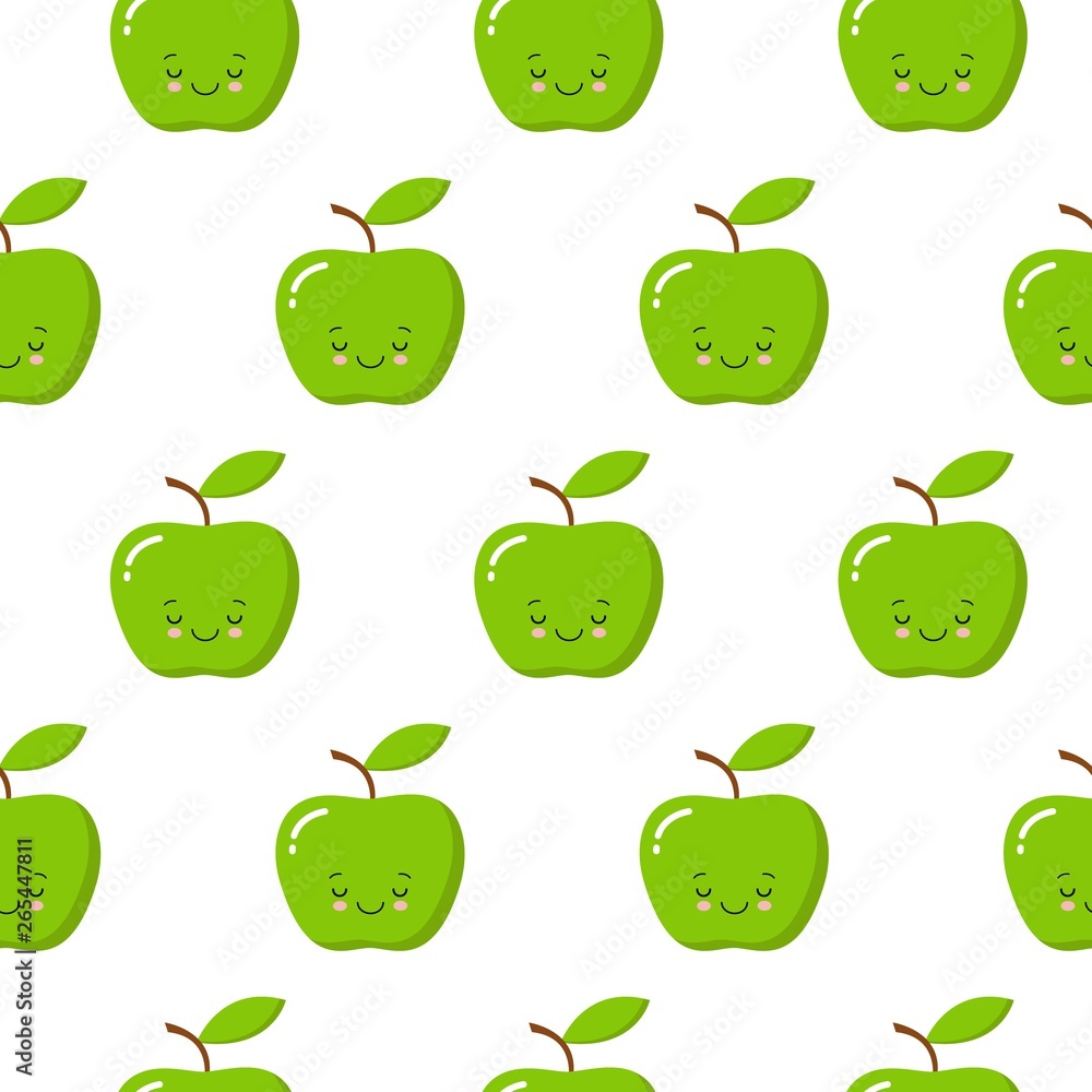 Vector seamless pattern illustration with cute kawaii apples on white background. Cartoon style Vector seamless pattern illustration with cute kawaii apples on white background. Cartoon style