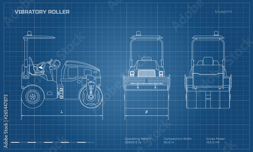 Vibratory roller in outline style. Side, back and front view. Building machinery image. Industrial isolated drawing of asphalt compactor. Diesel vehicle blueprint
