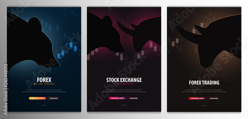 Forex. Stock exchange trading banner. The bulls and bears struggle. Vector illustration.