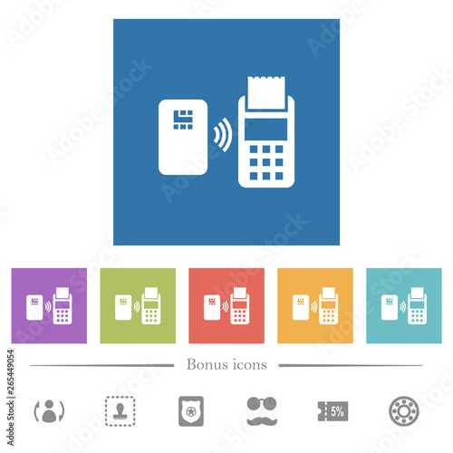 Contactless payment flat white icons in square backgrounds