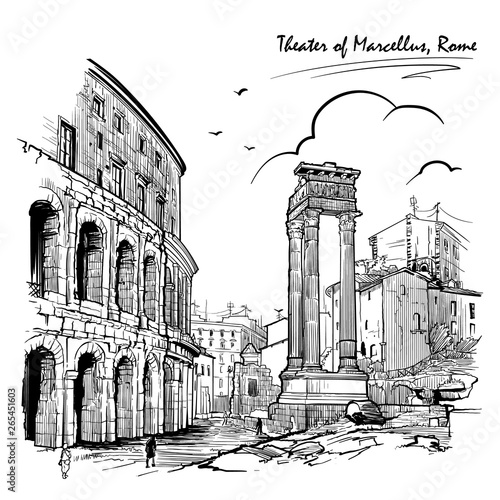Theater of Marcellus and portico of Octavia in Rome, Italy. Engraving style sketch. Vintage design. Travel sketchbook drawing. EPS10 vector illustration.
