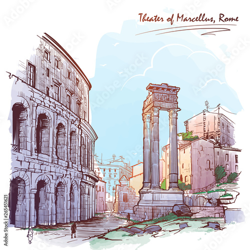 Theater of Marcellus and portico of Octavia in Rome, Italy. Painted sketch. Vintage design. Travel sketchbook drawing. EPS10 vector illustration.