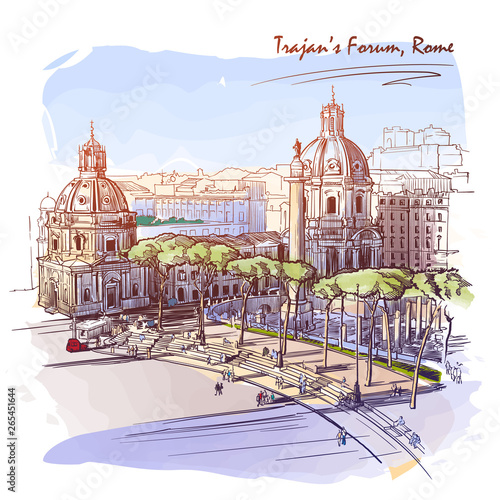 Forum of the Emperor Trajan in Rome, Italy. Painted sketch. Vintage design. Travel sketchbook drawing. EPS10 vector illustration.