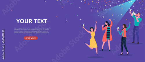 Party festive banner with people and confetti. Flat style design.
