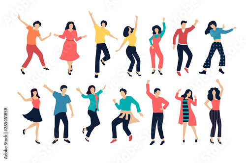 Set of happy dancing people. Color silhouettes isolated on white, flat style.