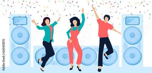 Party festive poster with people, loudspeakers and confetti. Flat style design.