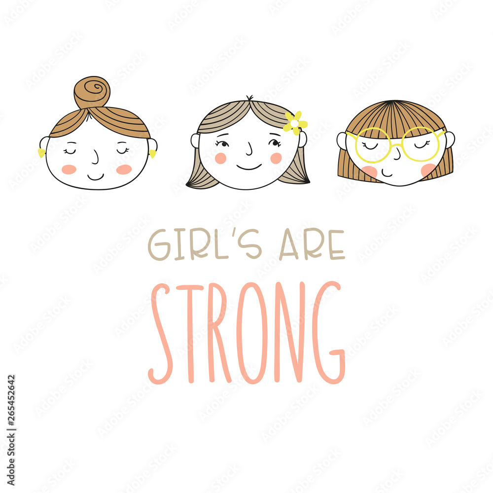 Set of a group of different girls and inscription. Cartoon doodle style characters. Vector illustration. Set of a group of different girls and inscription. Cartoon doodle style characters. Vector illustration.
