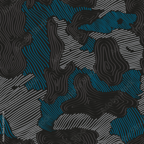 Seamless blue, gray and black hand drawn different striped figure camo textile pattern vector