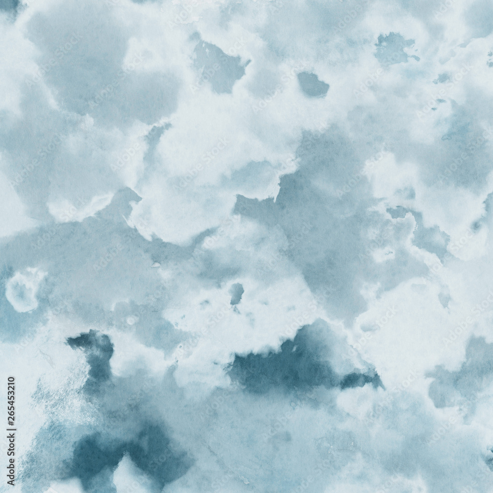 Fototapeta premium Colorful winter blue ink and watercolor textures on white paper background. Paint leaks and ombre effects. Hand painted abstract image. Deep sea.