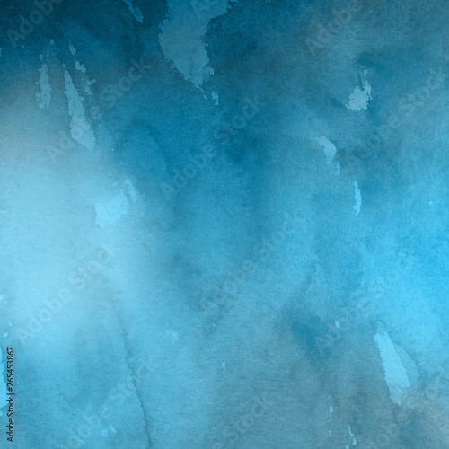 Colorful winter blue ink and watercolor textures on white paper background. Paint leaks and ombre effects. Hand painted abstract image. Deep sea.
