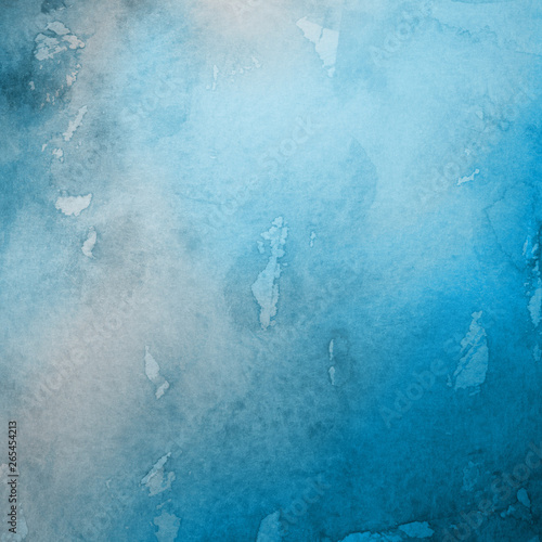 Colorful winter blue ink and watercolor textures on white paper background. Paint leaks and ombre effects. Hand painted abstract image. Deep sea. © artistmef