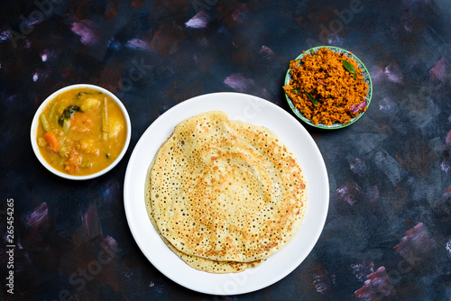 Dosa, sambal and sambar, famous food in South India and Sri lanka.