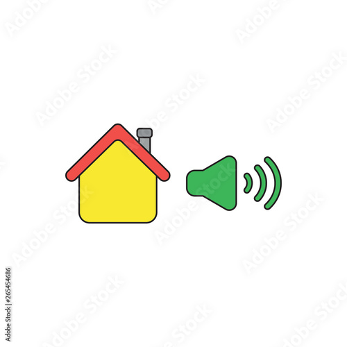 Vector icon concept of house with high speaker sound, loud voice. Black outlines and colored.