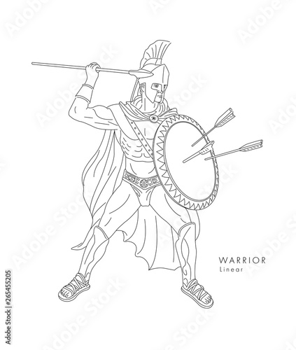 ancient Warrior line illustration in full armor with spear and shield
