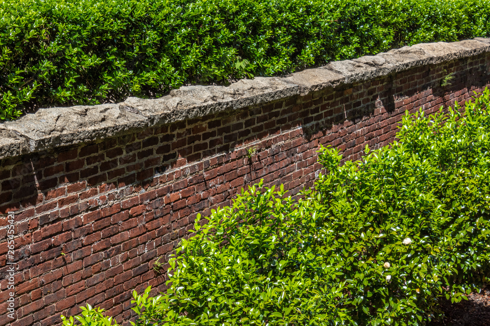 Tall red brick retaining wall with rough stone cap, shrubbery above and  below, horizontal aspect Stock Photo | Adobe Stock