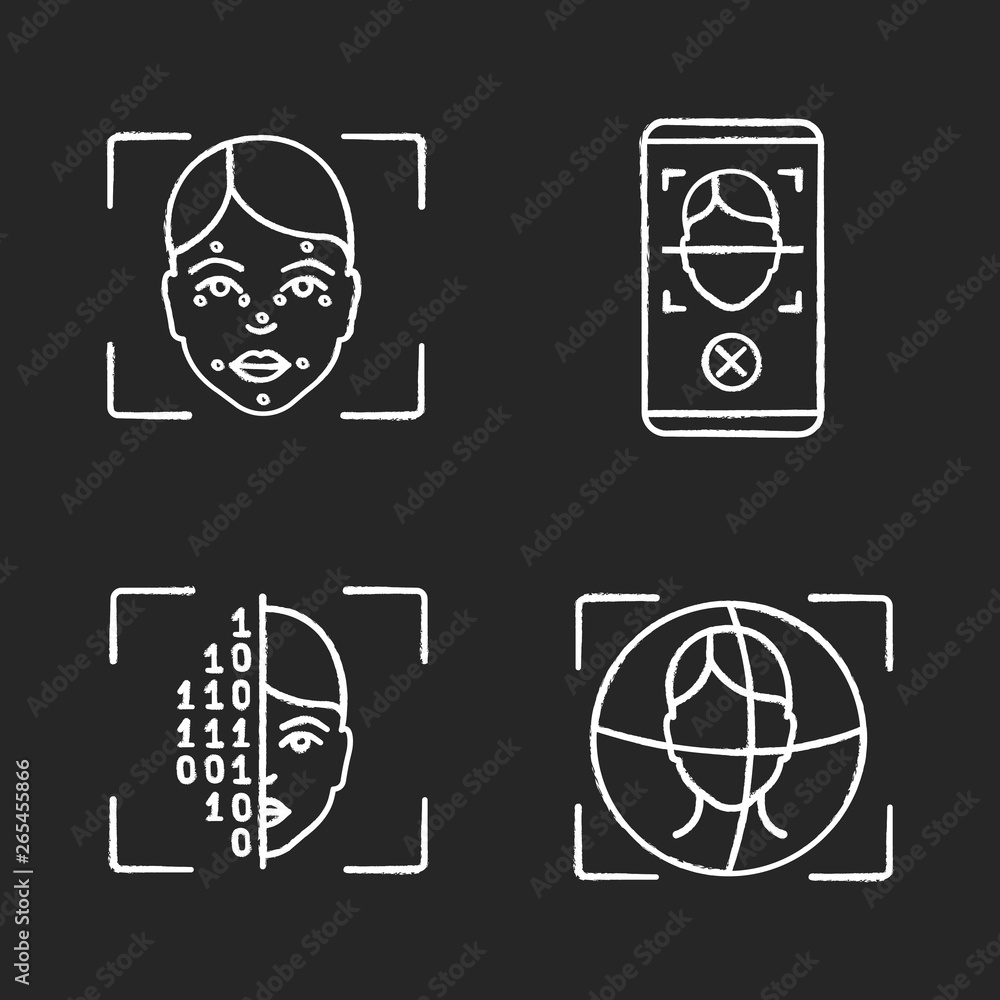 Facial recognition chalk icons set Facial recognition chalk icons set