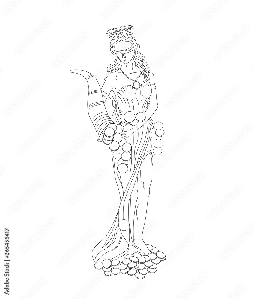 Fortuna goddes of wealth, money and fortune linear illustration Fortuna goddes of wealth, money and fortune linear illustration