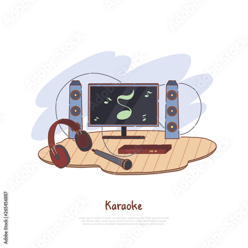 Musical equipment for indoor entertainment, television, speakers, headphones and microphone, music activity banner