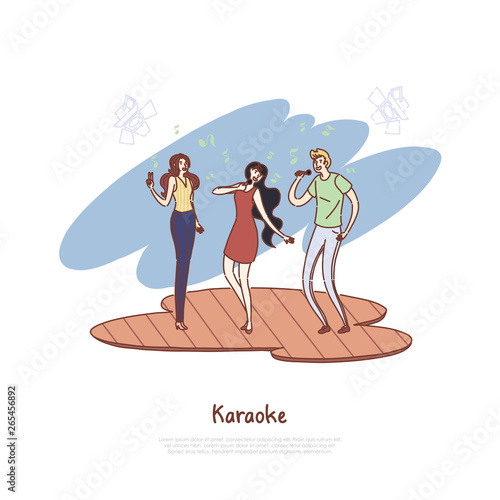 Happy people with microphones, friends group leisure, entertainment, song competition, musical party banner