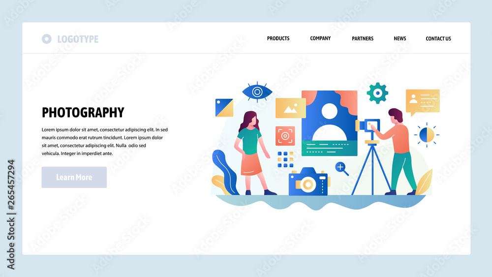 Vector web site design template. Photo studio, photography service, digital camera. Landing page concepts for website and mobile development. Modern flat illustration