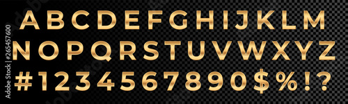 Golden font numbers and letters alphabet typography. Vector gold font type with 3d metal gold effect